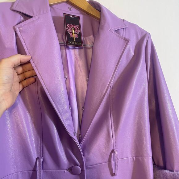 Purple faux leather trench coat with fur puff sleeves size M - Picture 4 of 8